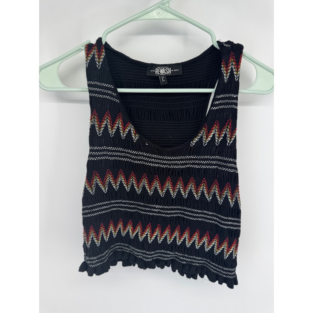 Rewash Womens Black Smocked Zigzag Embroidered Crop Tank Large Boho Lettuce Hem